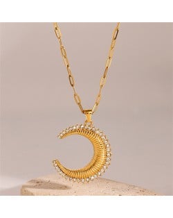 Rhinestone Surrounded Moon Pendant Fashion Women Stainless Steel Wholesale Necklace
