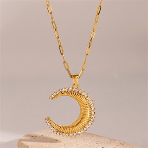 Rhinestone Surrounded Moon Pendant Fashion Women Stainless Steel Wholesale Necklace