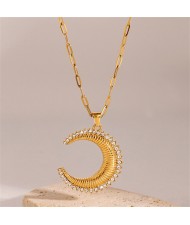Rhinestone Surrounded Moon Pendant Fashion Women Stainless Steel Wholesale Necklace