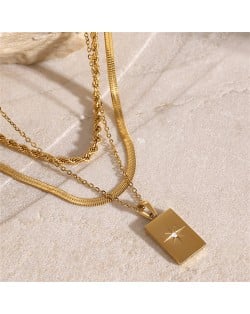 Shinning Star Rectangle Pendant Three-layer Fashion Women Stainless Steel Wholesale Necklace