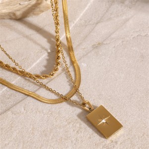 Shinning Star Rectangle Pendant Three-layer Fashion Women Stainless Steel Wholesale Necklace