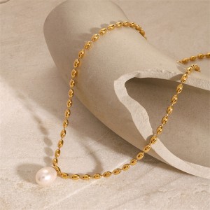 Oval Bead Chain Pearl Pendant High Quality Fashion Women Stainless Steel Wholesale Necklace