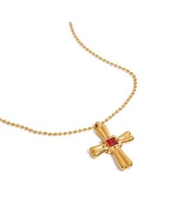Ruby Inlaid Cross Pendant Long Chain Fashion Women Stainless Steel Wholesale Necklace