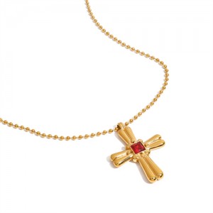 Ruby Inlaid Cross Pendant Long Chain Fashion Women Stainless Steel Wholesale Necklace