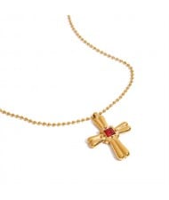 Ruby Inlaid Cross Pendant Long Chain Fashion Women Stainless Steel Wholesale Necklace