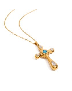 Blue Gem Cross Pendant Long Chain Fashion Women Stainless Steel Wholesale Necklace