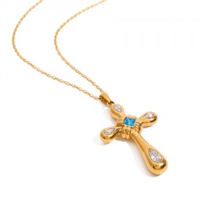 Blue Gem Cross Pendant Long Chain Fashion Women Stainless Steel Wholesale Necklace