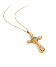 Blue Gem Cross Pendant Long Chain Fashion Women Stainless Steel Wholesale Necklace