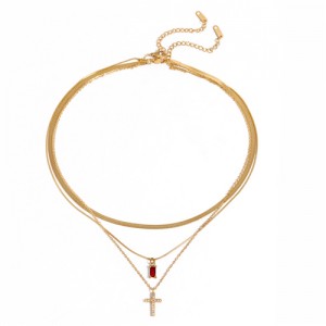 Cross Pendant Three-layer Chain Fashion Women Stainless Steel Wholesale Necklace - Red