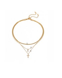 Cross Pendant Three-layer Chain Fashion Women Stainless Steel Wholesale Necklace - White