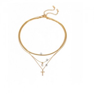Cross Pendant Three-layer Chain Fashion Women Stainless Steel Wholesale Necklace - White
