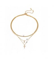 Cross Pendant Three-layer Chain Fashion Women Stainless Steel Wholesale Necklace - White