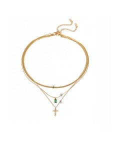 Cross Pendant Three-layer Chain Fashion Women Stainless Steel Wholesale Necklace - Green