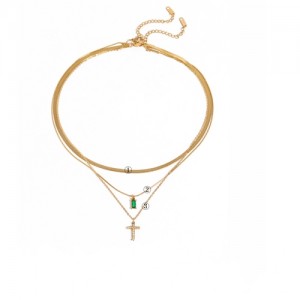 Cross Pendant Three-layer Chain Fashion Women Stainless Steel Wholesale Necklace - Green