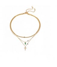 Cross Pendant Three-layer Chain Fashion Women Stainless Steel Wholesale Necklace - Green