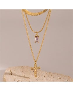 Cross Pendant Three-layer Chain Fashion Women Stainless Steel Wholesale Necklace - Violet