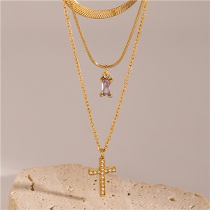 Cross Pendant Three-layer Chain Fashion Women Stainless Steel Wholesale Necklace - Violet