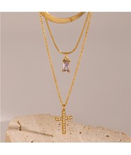 Cross Pendant Three-layer Chain Fashion Women Stainless Steel Wholesale Necklace - Violet