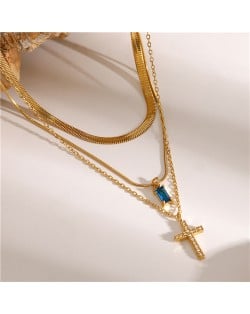 Cross Pendant Three-layer Chain Fashion Women Stainless Steel Wholesale Necklace - Blue