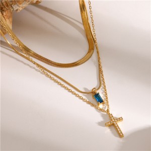 Cross Pendant Three-layer Chain Fashion Women Stainless Steel Wholesale Necklace - Blue