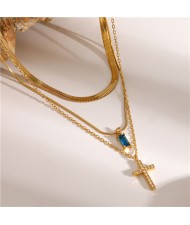 Cross Pendant Three-layer Chain Fashion Women Stainless Steel Wholesale Necklace - Blue