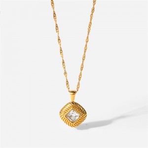 Cubic Zirconia Decor Square Pendant Fashion Women Stainless Steel Wholesale Necklace - Clear