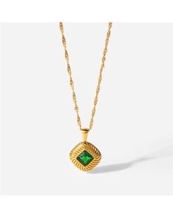 Cubic Zirconia Decor Square Pendant Fashion Women Stainless Steel Wholesale Necklace - Green