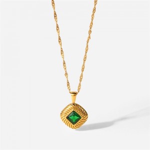 Cubic Zirconia Decor Square Pendant Fashion Women Stainless Steel Wholesale Necklace - Green
