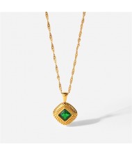 Cubic Zirconia Decor Square Pendant Fashion Women Stainless Steel Wholesale Necklace - Green