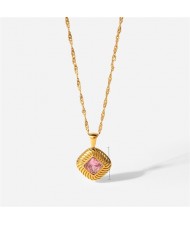 Cubic Zirconia Decor Square Pendant Fashion Women Stainless Steel Wholesale Necklace - Pink