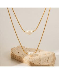 Two-layer Thin Chain Pearl Pendant Fashion Women Stainless Steel Wholesale Necklace