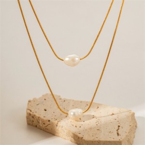 Two-layer Thin Chain Pearl Pendant Fashion Women Stainless Steel Wholesale Necklace