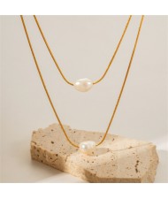 Two-layer Thin Chain Pearl Pendant Fashion Women Stainless Steel Wholesale Necklace
