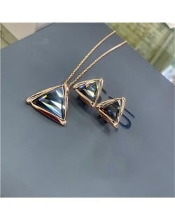 Rhinestone Triangle Pendant 18K Rose Gold Plated Necklace and Earrings Set - Grey