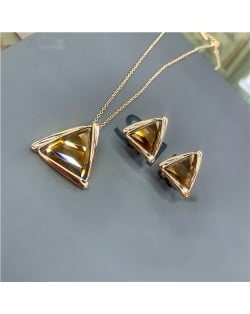 Rhinestone Triangle Pendant 18K Rose Gold Plated Necklace and Earrings Set - Brown