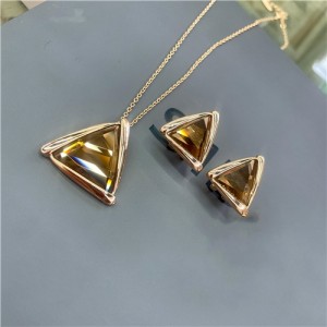 Rhinestone Triangle Pendant 18K Rose Gold Plated Necklace and Earrings Set - Brown