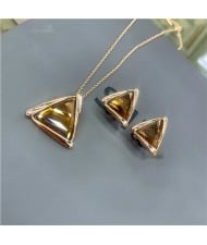 Rhinestone Triangle Pendant 18K Rose Gold Plated Necklace and Earrings Set - Brown