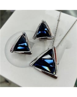 Rhinestone Triangle Pendant Necklace and Earrings Set -  Blue with Silver
