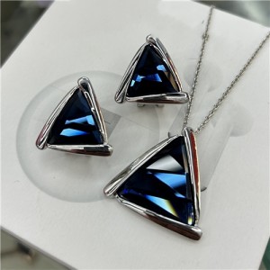 Rhinestone Triangle Pendant Necklace and Earrings Set -  Blue with Silver
