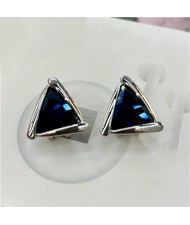 Rhinestone Triangle Pendant Necklace and Earrings Set -  Blue with Silver