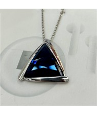 Rhinestone Triangle Pendant Necklace and Earrings Set -  Blue with Silver