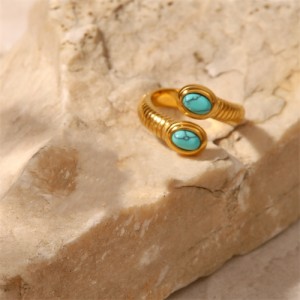 Turquoise Snake Open-end Design Fashion Wholesale Jewelry Women Stainless Steel Ring -Green