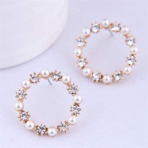 Korean Fashion Rhinestone and Pearl Design Alloy Wholesale Lady Hoop Earrings