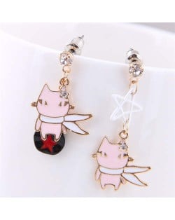 Korean Fashion Asymmetrical Cartoon Pink Cat Design Wholesale Lady Dangle Earrings