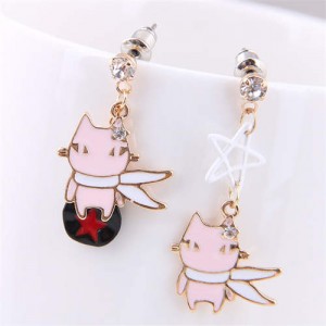 Korean Fashion Asymmetrical Cartoon Pink Cat Design Wholesale Lady Dangle Earrings