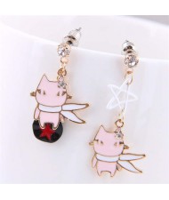 Korean Fashion Asymmetrical Cartoon Pink Cat Design Wholesale Lady Dangle Earrings