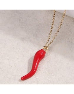 Red Chili Pepper Pendant Alloy Wholesale Women Fashion Costume Necklace - Golden