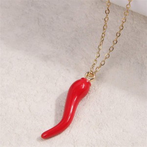 Red Chili Pepper Pendant Alloy Wholesale Women Fashion Costume Necklace - Golden