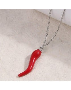 Red Chili Pepper Pendant Alloy Wholesale Women Fashion Costume Necklace - Silver