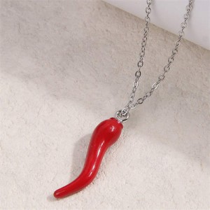 Red Chili Pepper Pendant Alloy Wholesale Women Fashion Costume Necklace - Silver